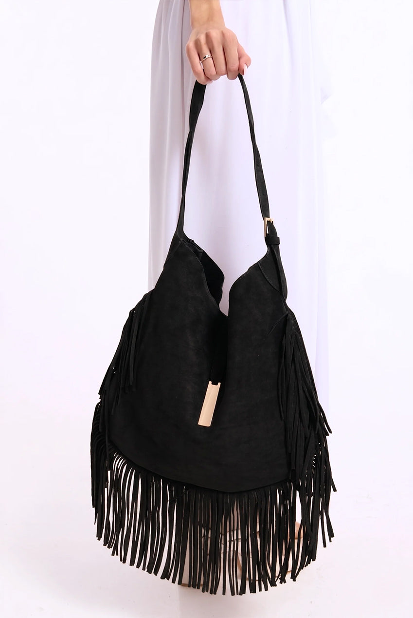 Black Suede Fringe Hobo Bag L507062C001