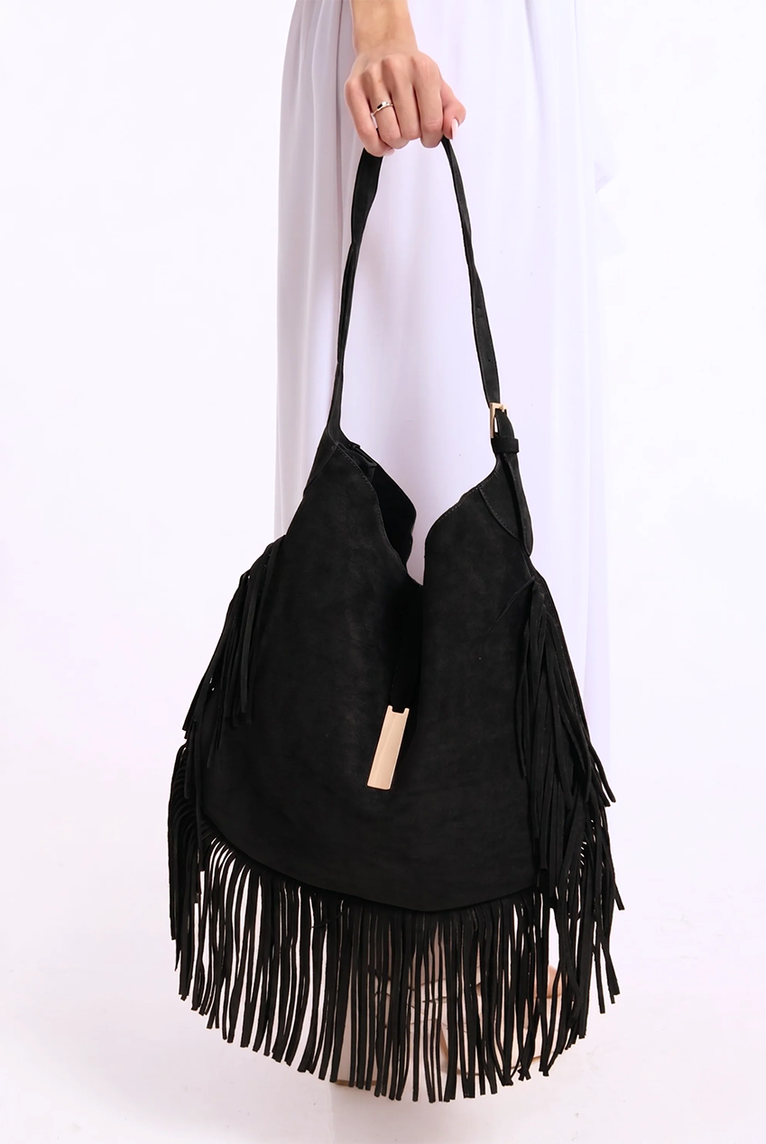 Black Suede Fringe Hobo Bag L507062C001