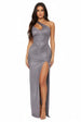 Silver Shimmer Textured One Shoulder Cut-out High Slit Maxi Dress by Avinci