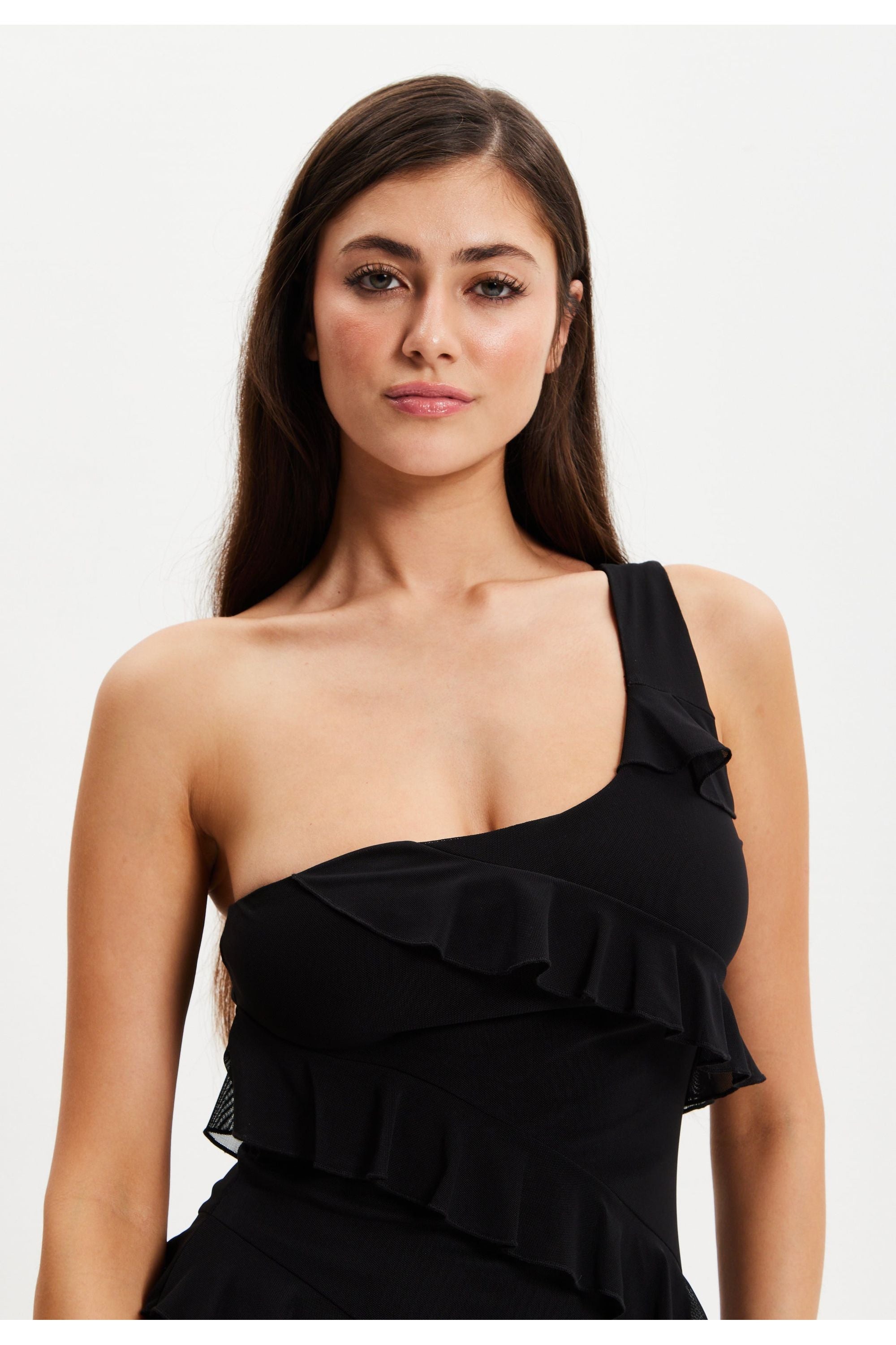 Diagonal Ruffle One Shoulder Mini Dress In Black DML027001