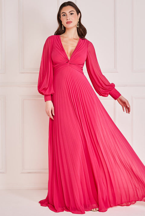 Fully Pleated Chiffon Maxi Dress Hot Pink