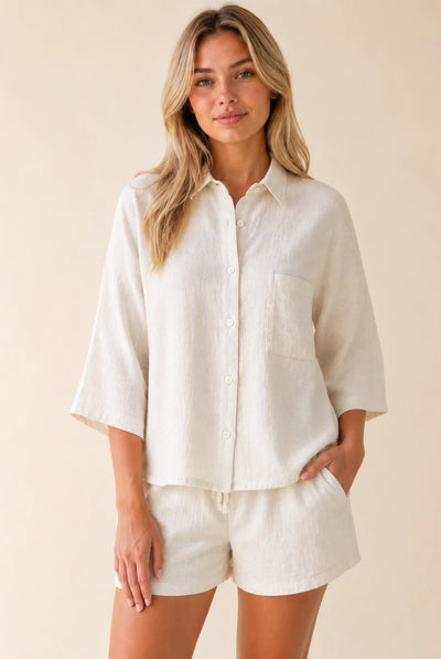White - White Textured Linen Look Oversized Shirt Co-Ord by Avinci