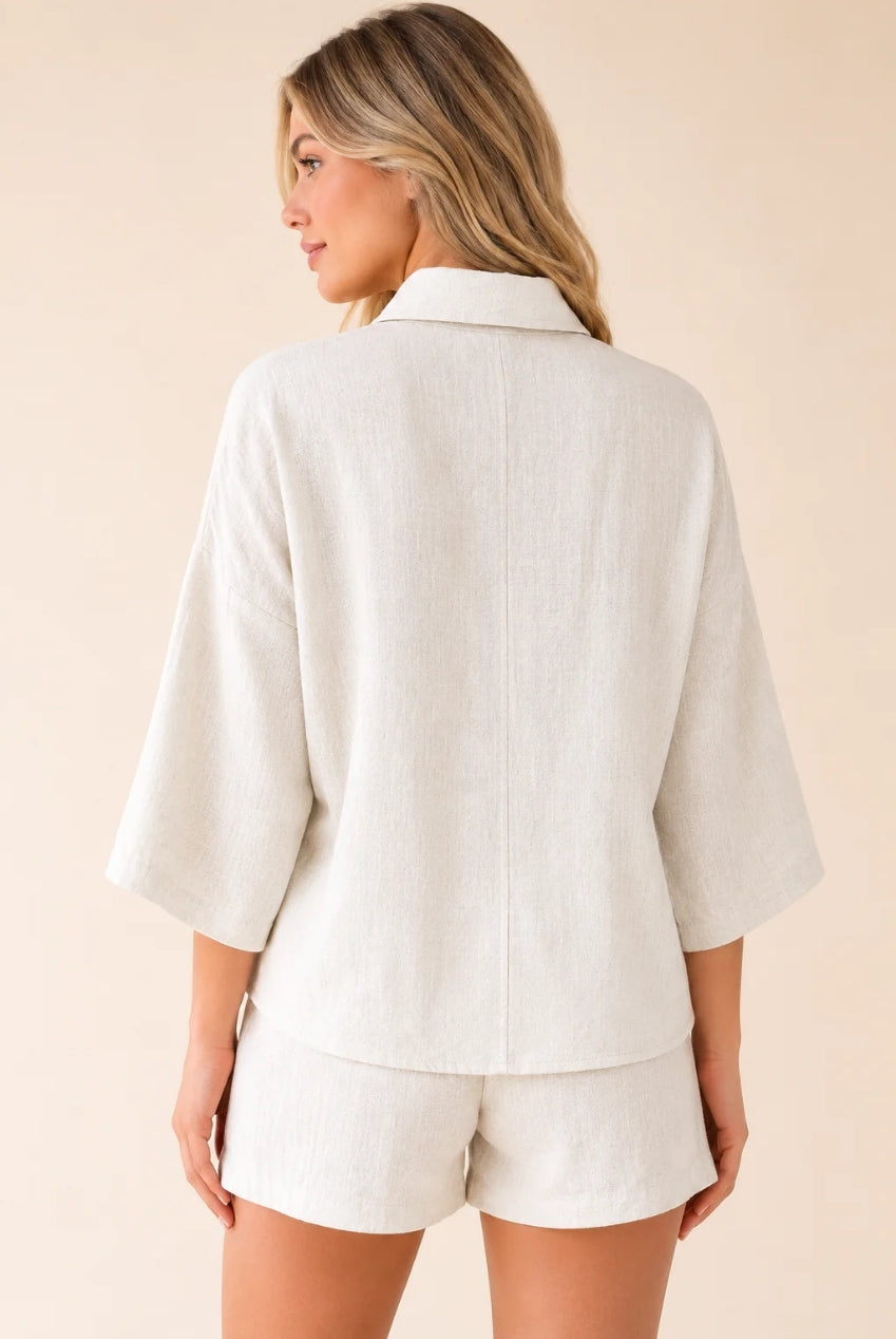 White Textured Linen Look Oversized Shirt Co-Ord AV-1589