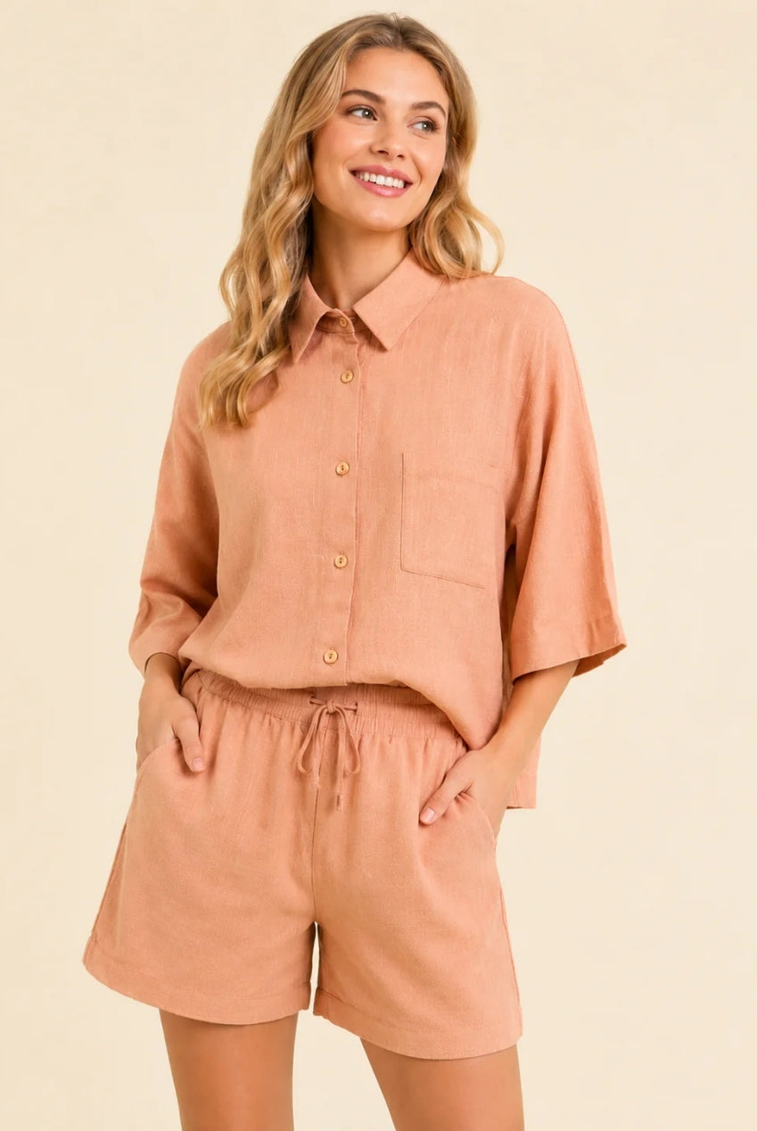 Peach Textured Linen Look Oversized Shirt Co-Ord AV-1289