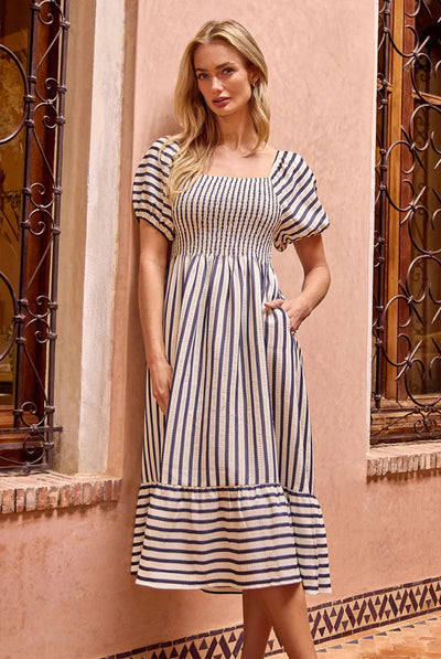 Blue - Square Neck Puff Sleeve Stripe Midi Dress by Blue Vanilla