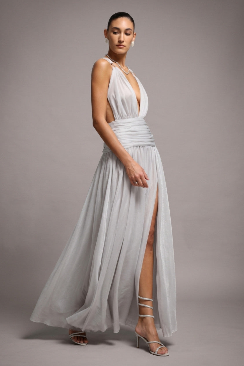 Moonlight Silver Detachable Cowl Crossback Maxi Dress R2603SS003