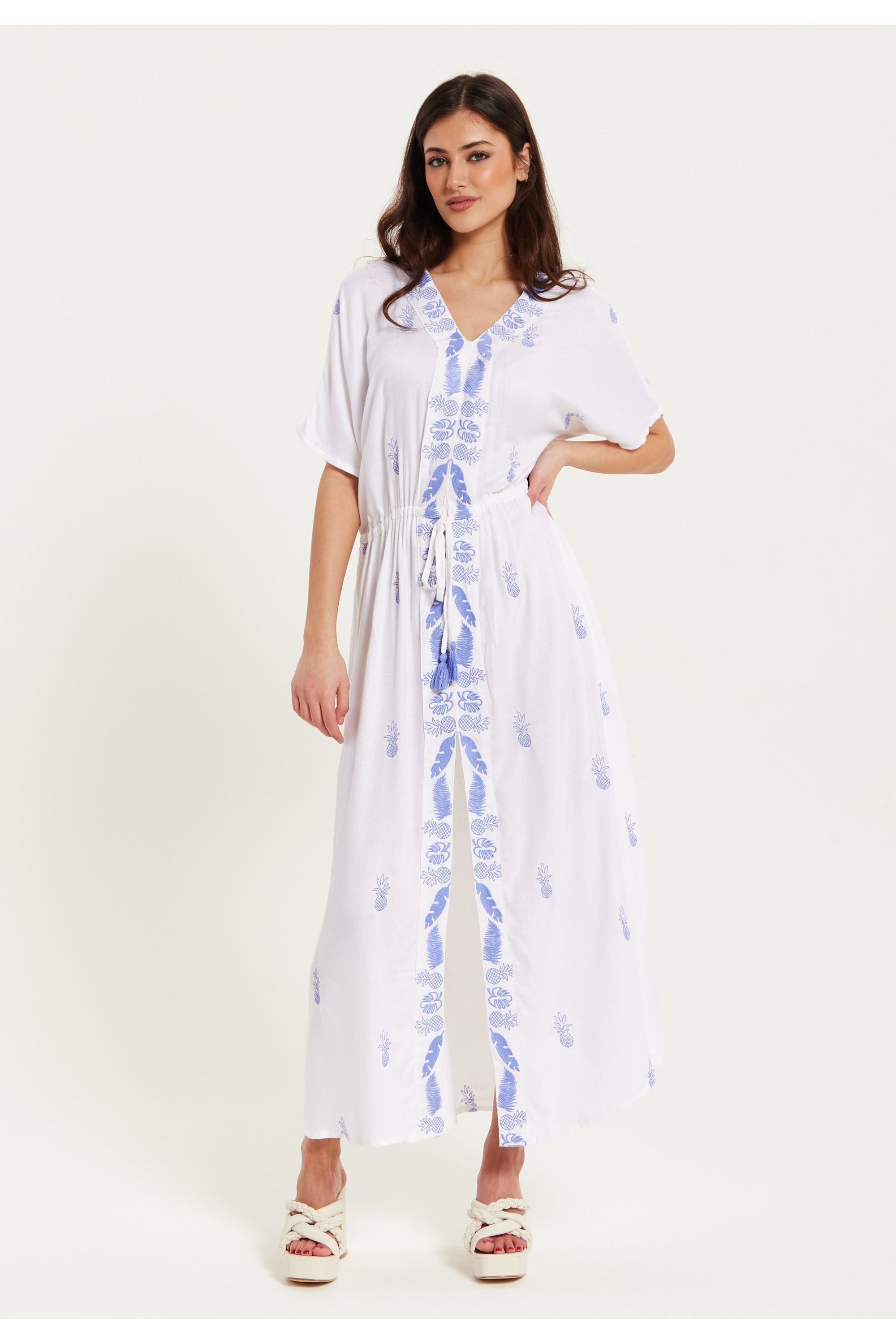 White Maxi Beach Dress With Blue Pineapple Embroidery A9-SNK21W001B