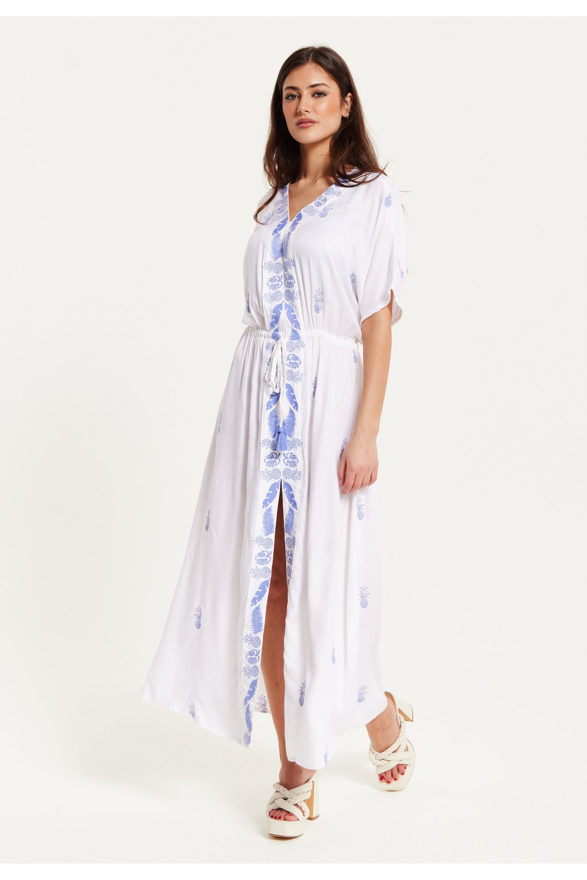 White Maxi Beach Dress With Blue Pineapple Embroidery A9-SNK21W001B