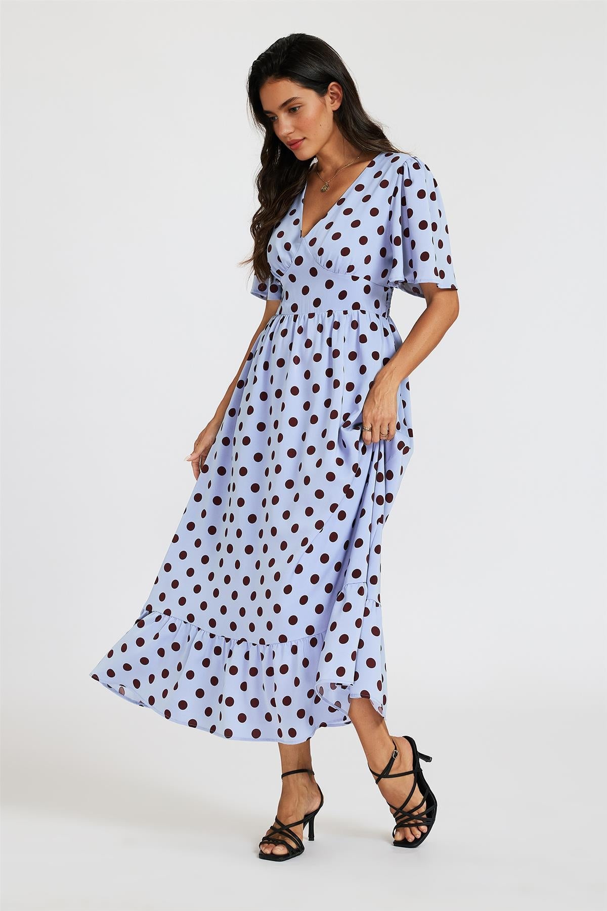 Polka Dot Print Angel Sleeve V Neck Frill Hem Midi Dress In Blue FS939