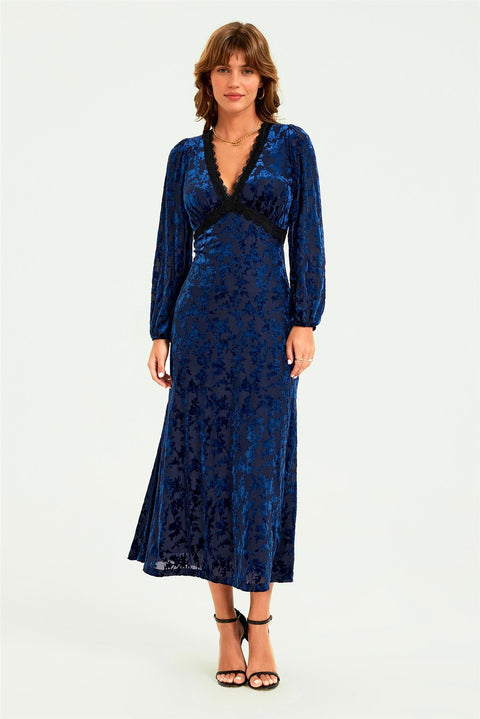 Floral Velvet Devore Lace Trim Neckline Midi Dress In Navy by FS Collection