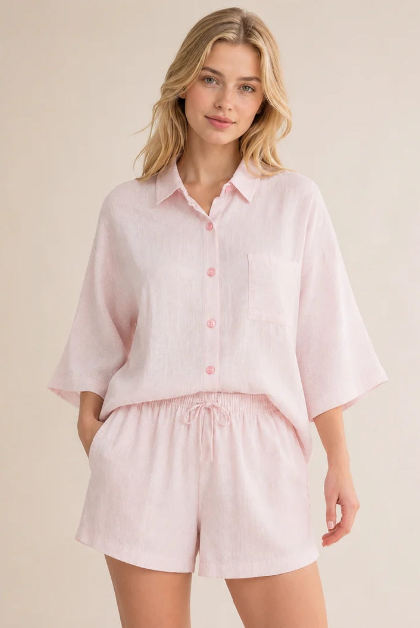 Pink Textured Linen Look Elasticated Waist Shorts Co-Ord AV-IMD2912SH