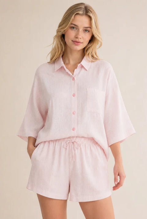Pink Textured Linen Look Oversized Shirt Co-Ord by Avinci