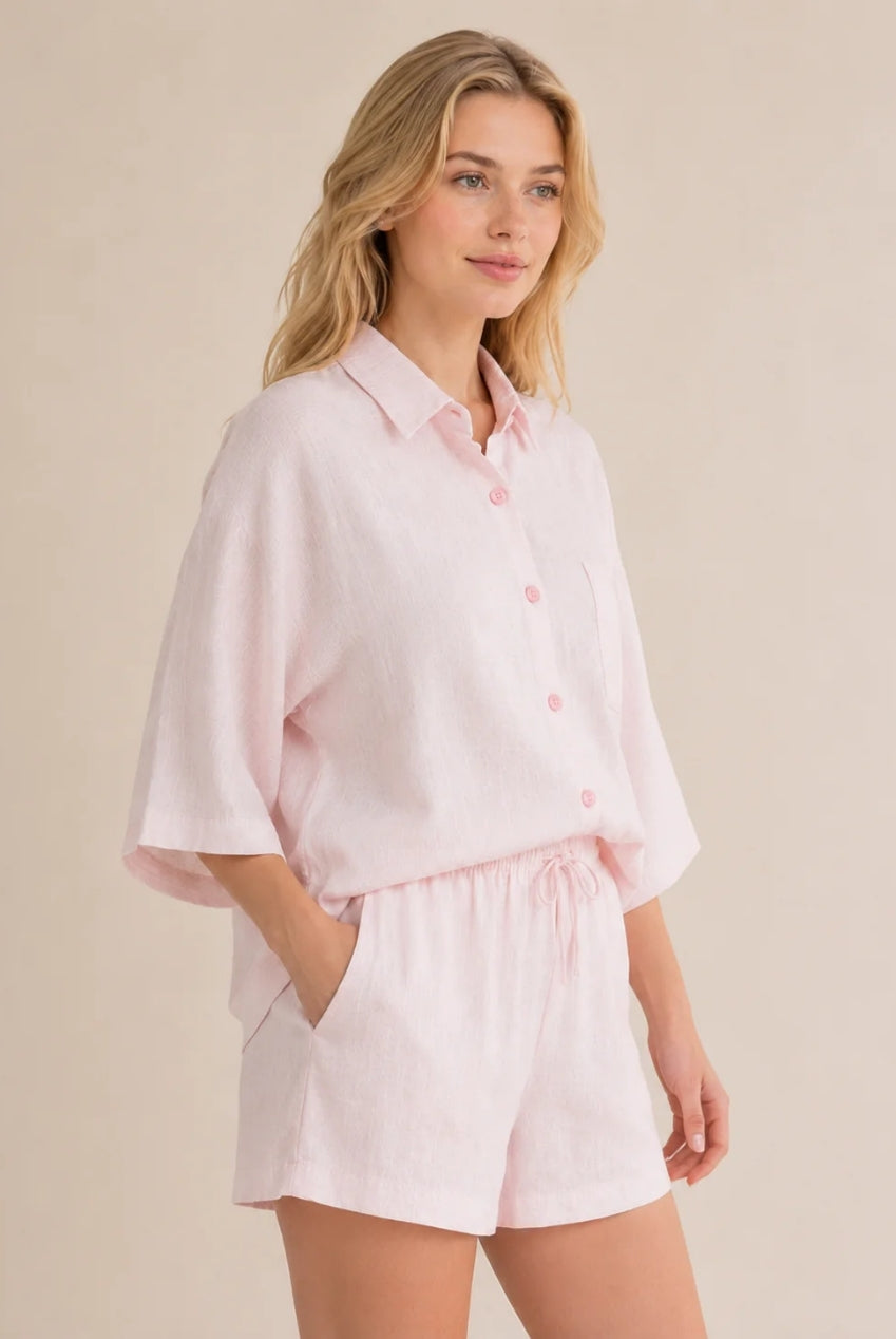 Pink Textured Linen Look Oversized Shirt Co-Ord AV-2925
