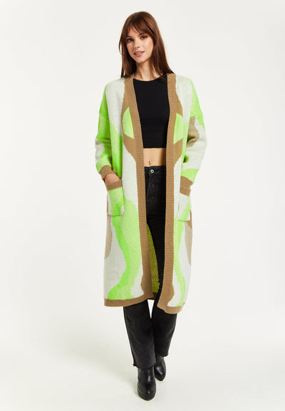 Brown - Longline Cardigan In Brown, Green & White by Liquorish