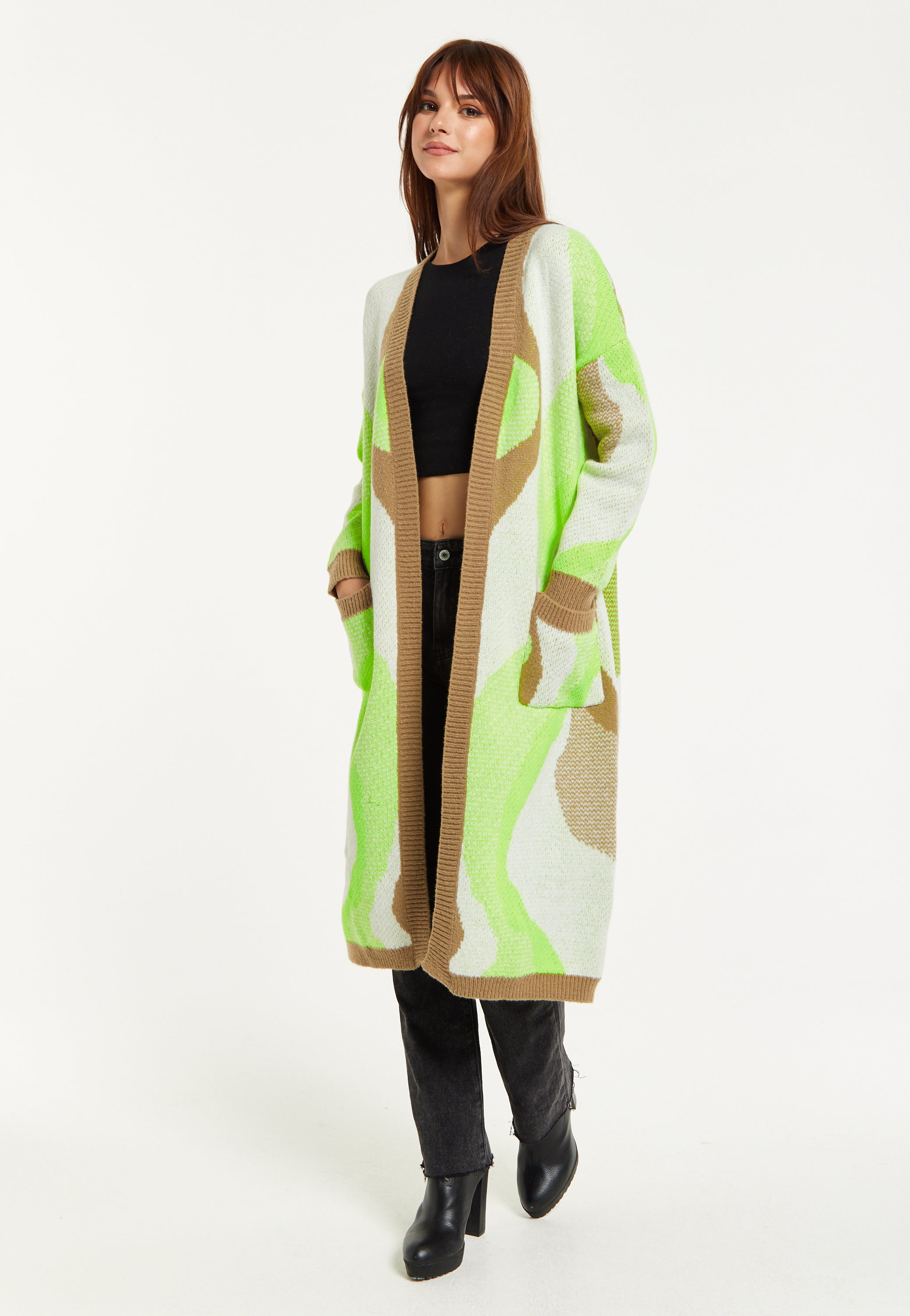 Longline Cardigan In Brown, Green & White D1-LS002013
