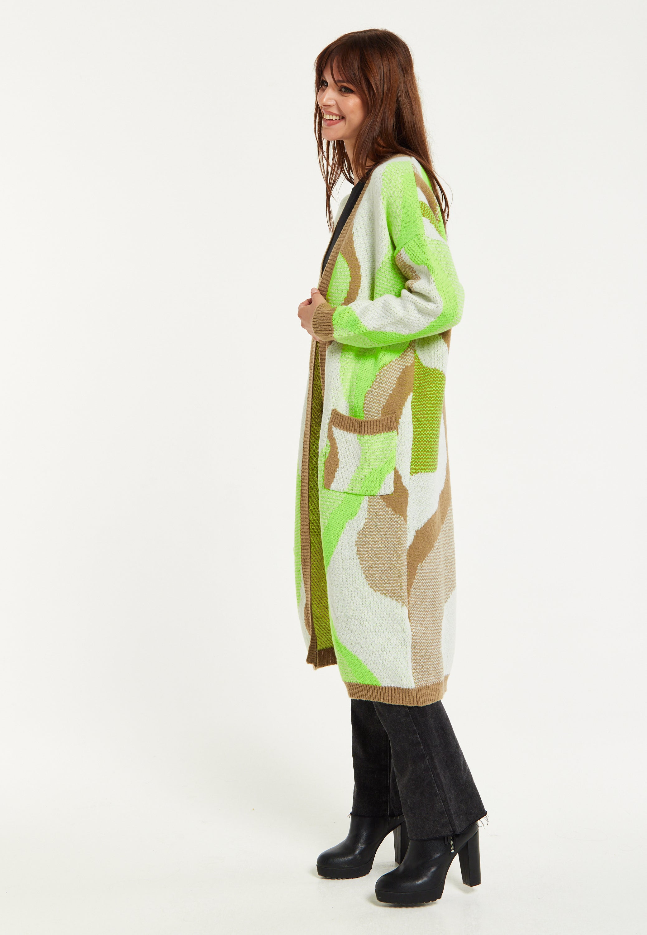 Longline Cardigan In Brown, Green & White D1-LS002013