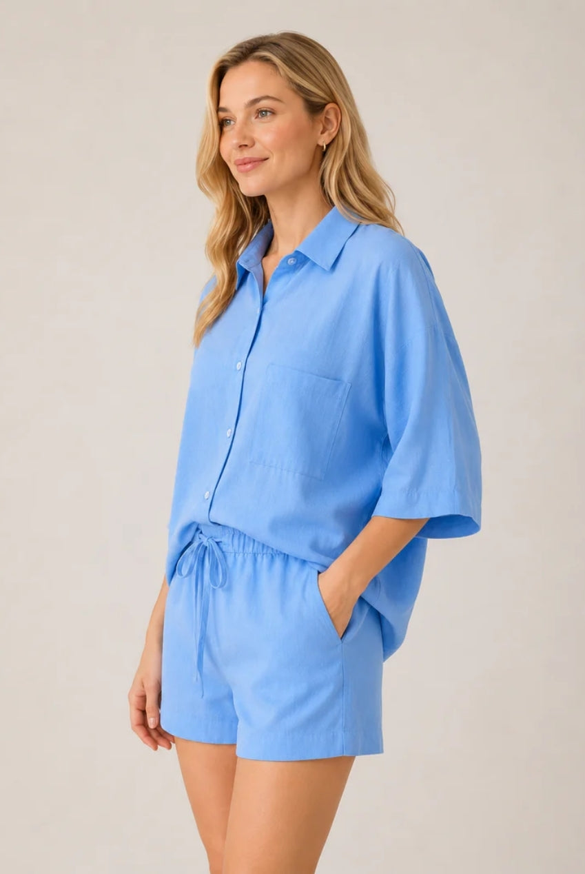Blue Textured Linen Look Elasticated Waist Shorts Co-Ord AV-IMD2908SH