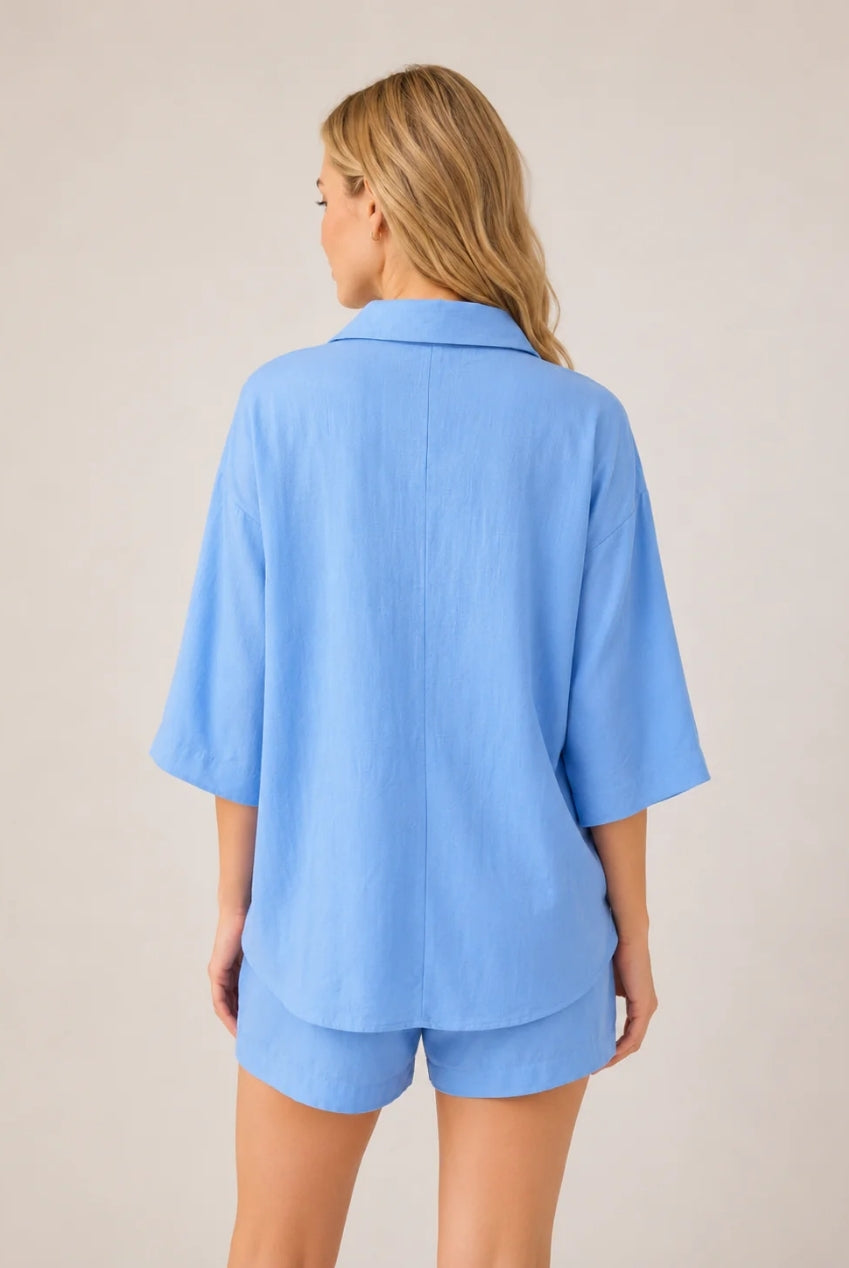Blue Textured Linen Look Elasticated Waist Shorts Co-Ord AV-IMD2908SH