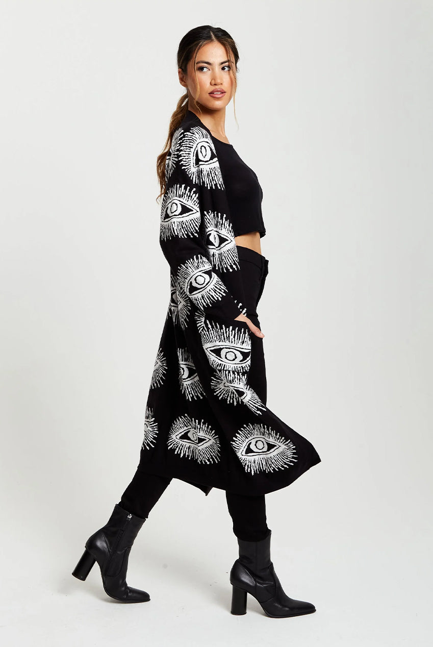 Longline Black Cardigan With Eye Pattern A7-126-LIQ23KN001