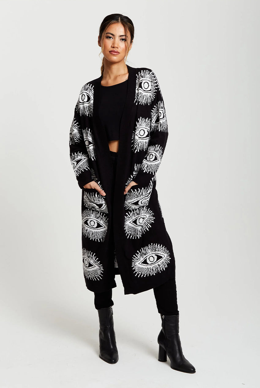 Longline Black Cardigan With Eye Pattern A7-126-LIQ23KN001