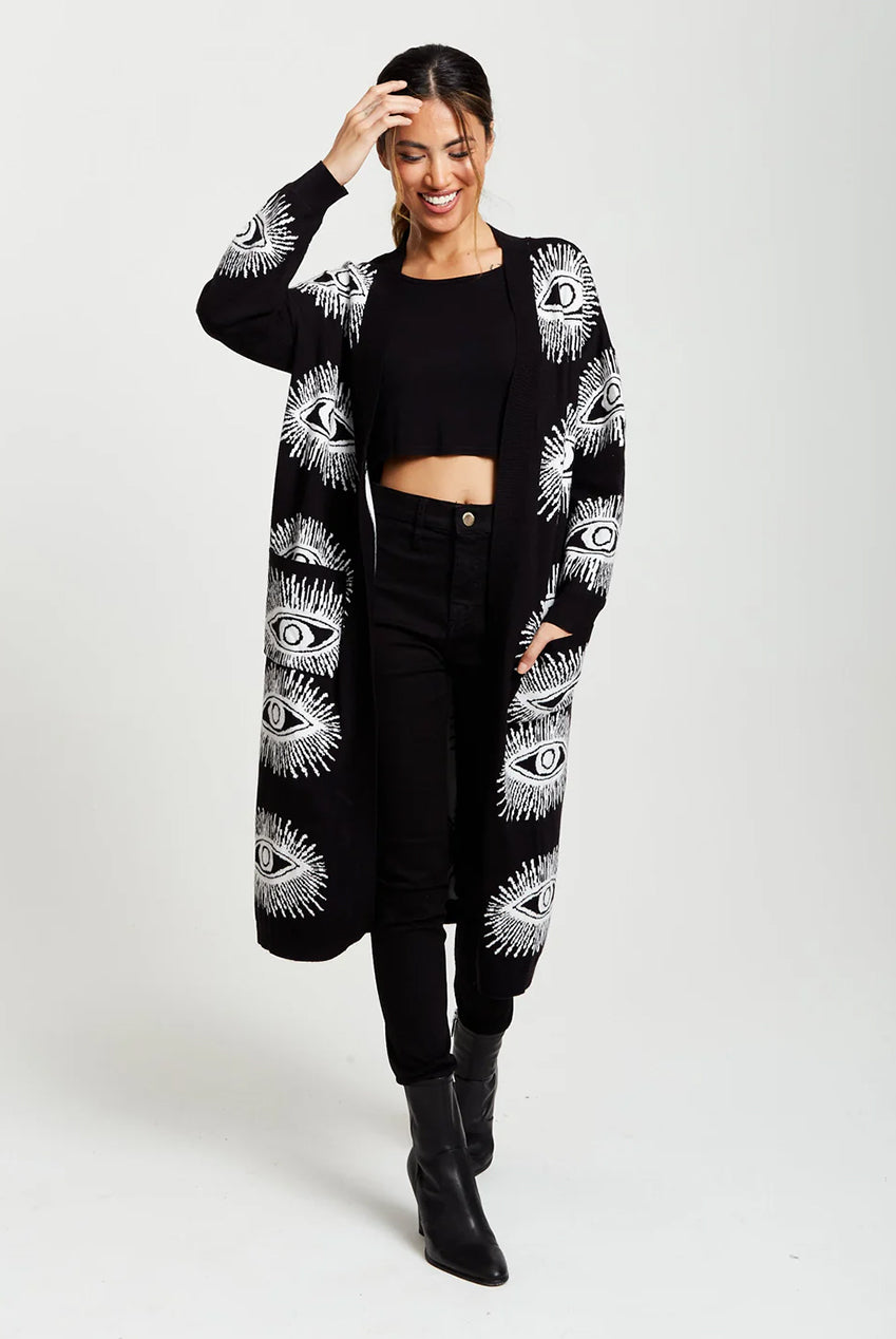 Longline Black Cardigan With Eye Pattern A7-126-LIQ23KN001