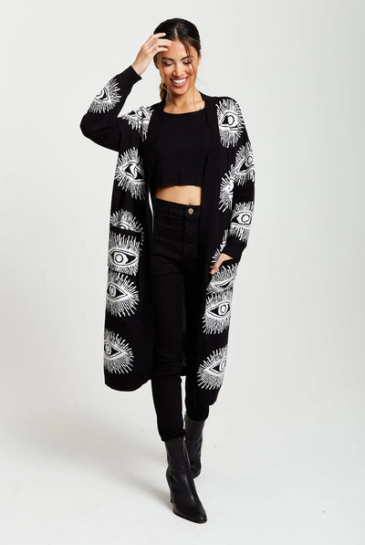 Black - Longline Black Cardigan With Eye Pattern by Liquorish