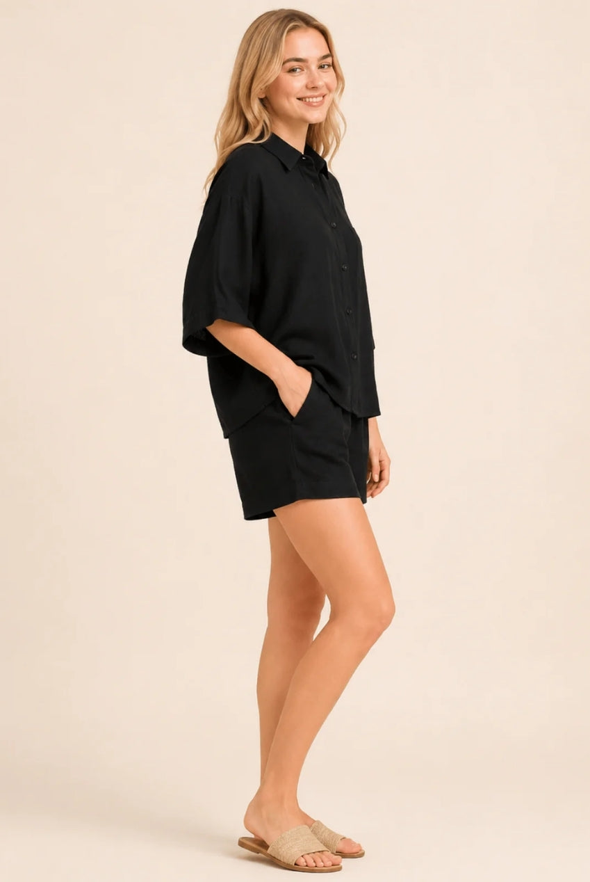 Black Textured Linen Look Elasticated Waist Shorts Co-Ord AV-IMD2907SH