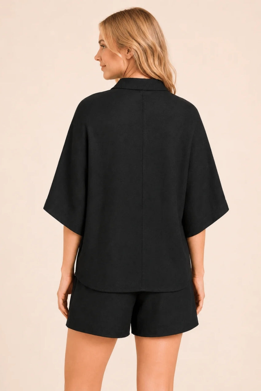 Black Textured Linen Look Oversized Shirt Co-ord AV-2255
