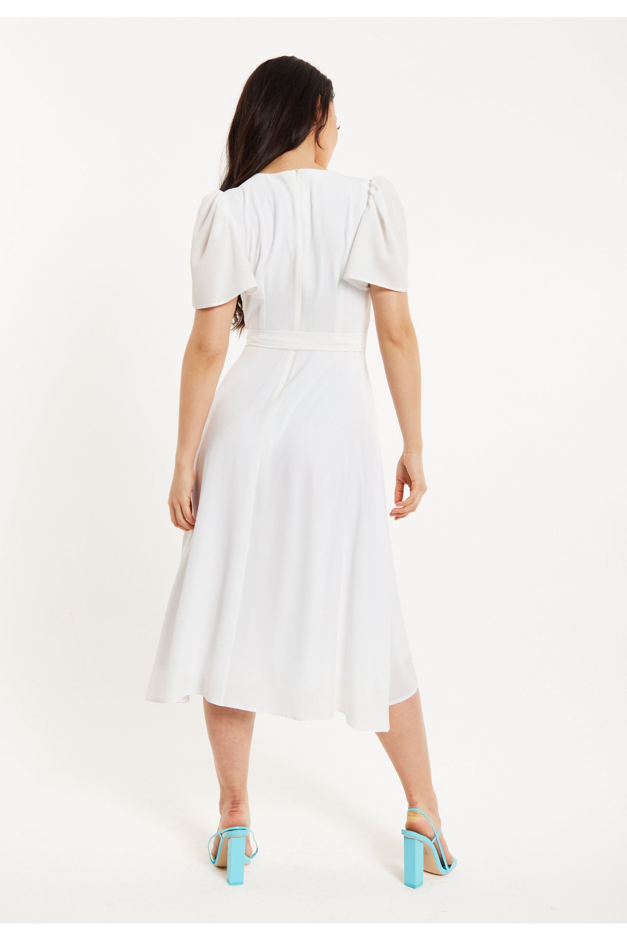 Crepe White Angel Sleeve Wrap Dress In White SVL002002