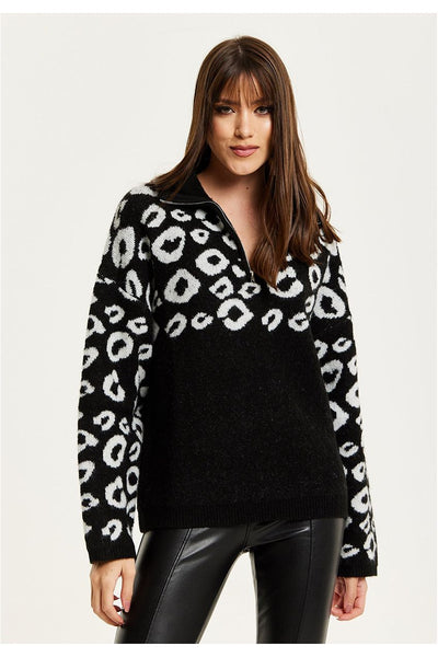 Black - Black And White Jacquard Animal Pattern Jumper With Zip Front by Liquorish
