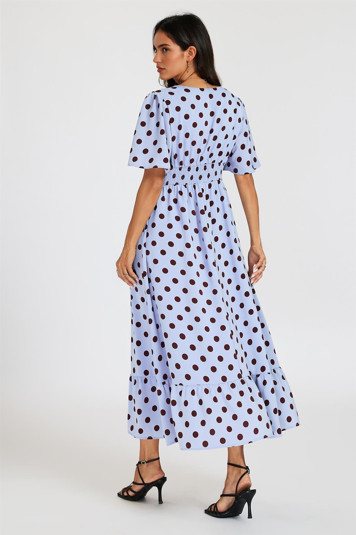 Polka Dot Print Angel Sleeve V Neck Frill Hem Midi Dress In Blue FS939