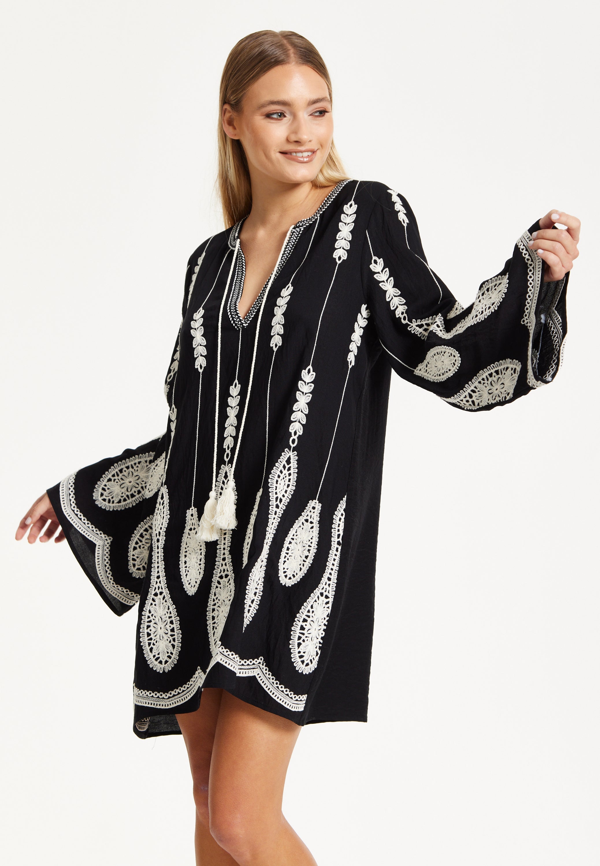 Black Embroidered Flare Sleeve Dress 25SS8813001