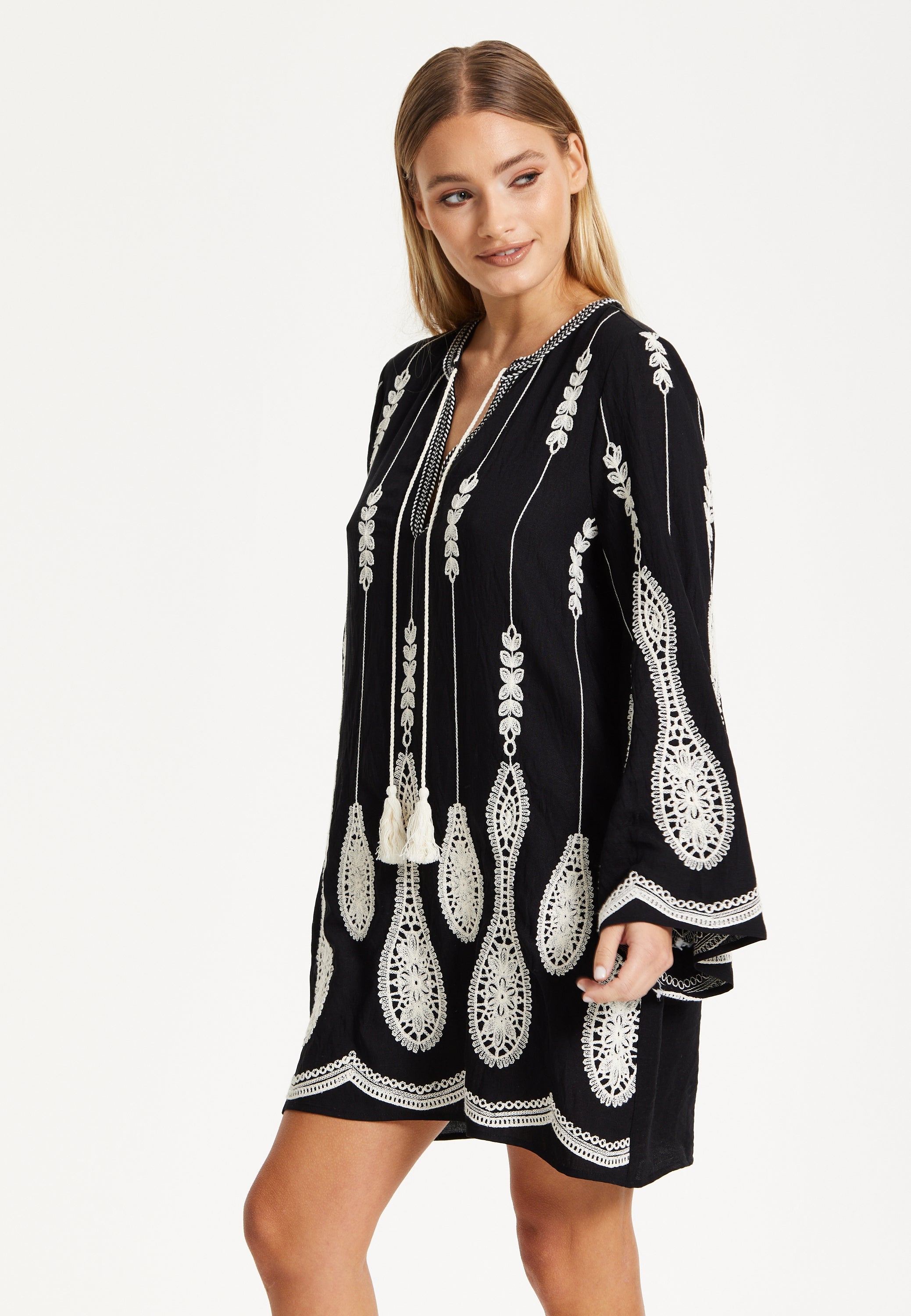 Black Embroidered Flare Sleeve Dress 25SS8813001