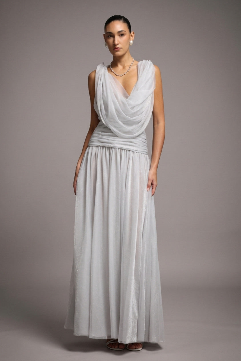 Moonlight Silver Detachable Cowl Crossback Maxi Dress R2603SS003
