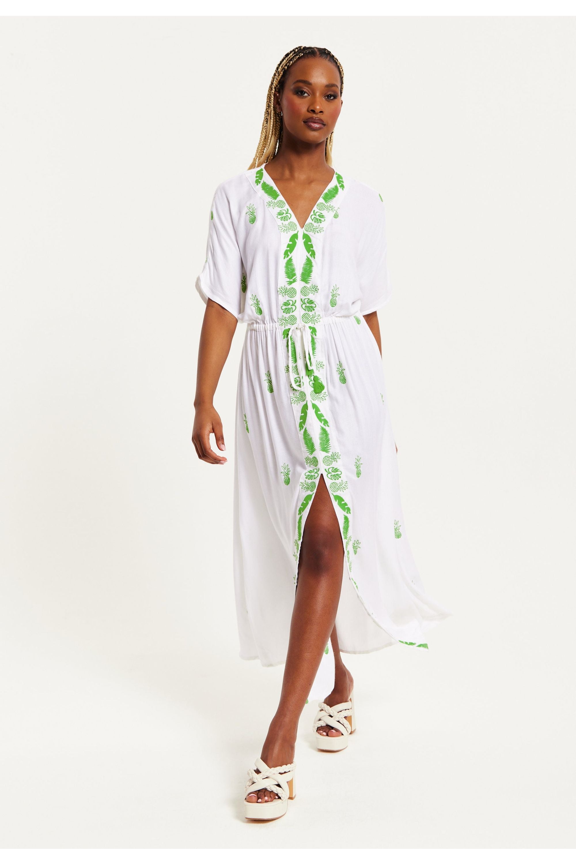 White Maxi Beach Dress With Green Embroidery A9-SNK21W001G