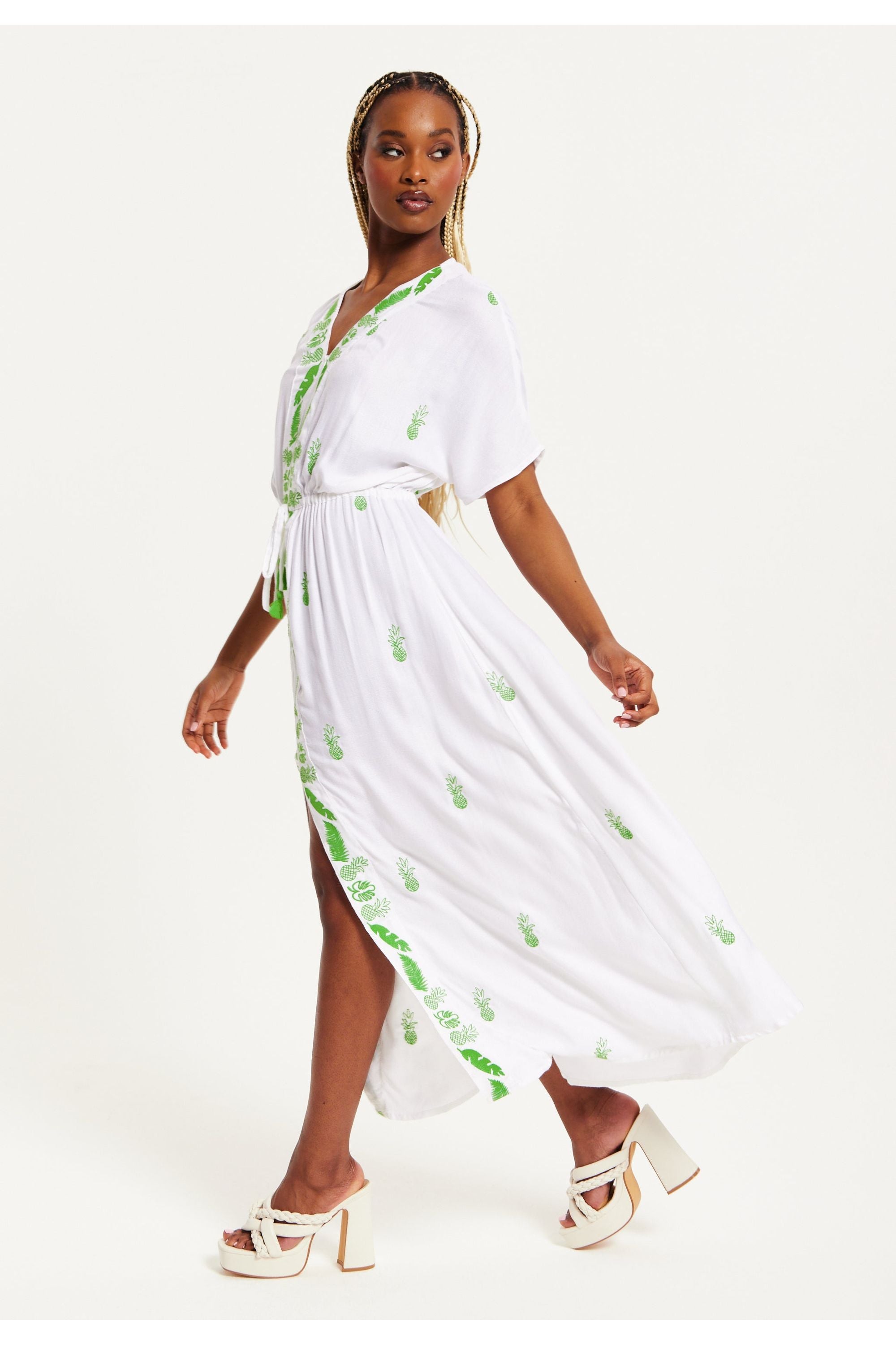 White Maxi Beach Dress With Green Embroidery A9-SNK21W001G