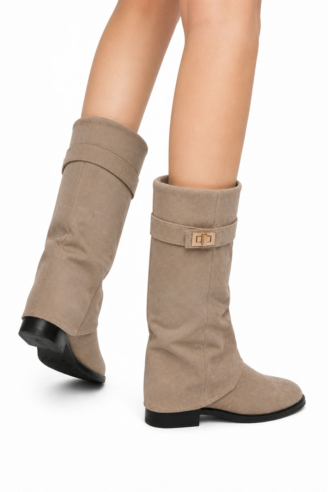 Isley Round Toe Gold Trim Buckle Fold Over Knee High Boots In Taupe Suede WISPA15-TAUSU