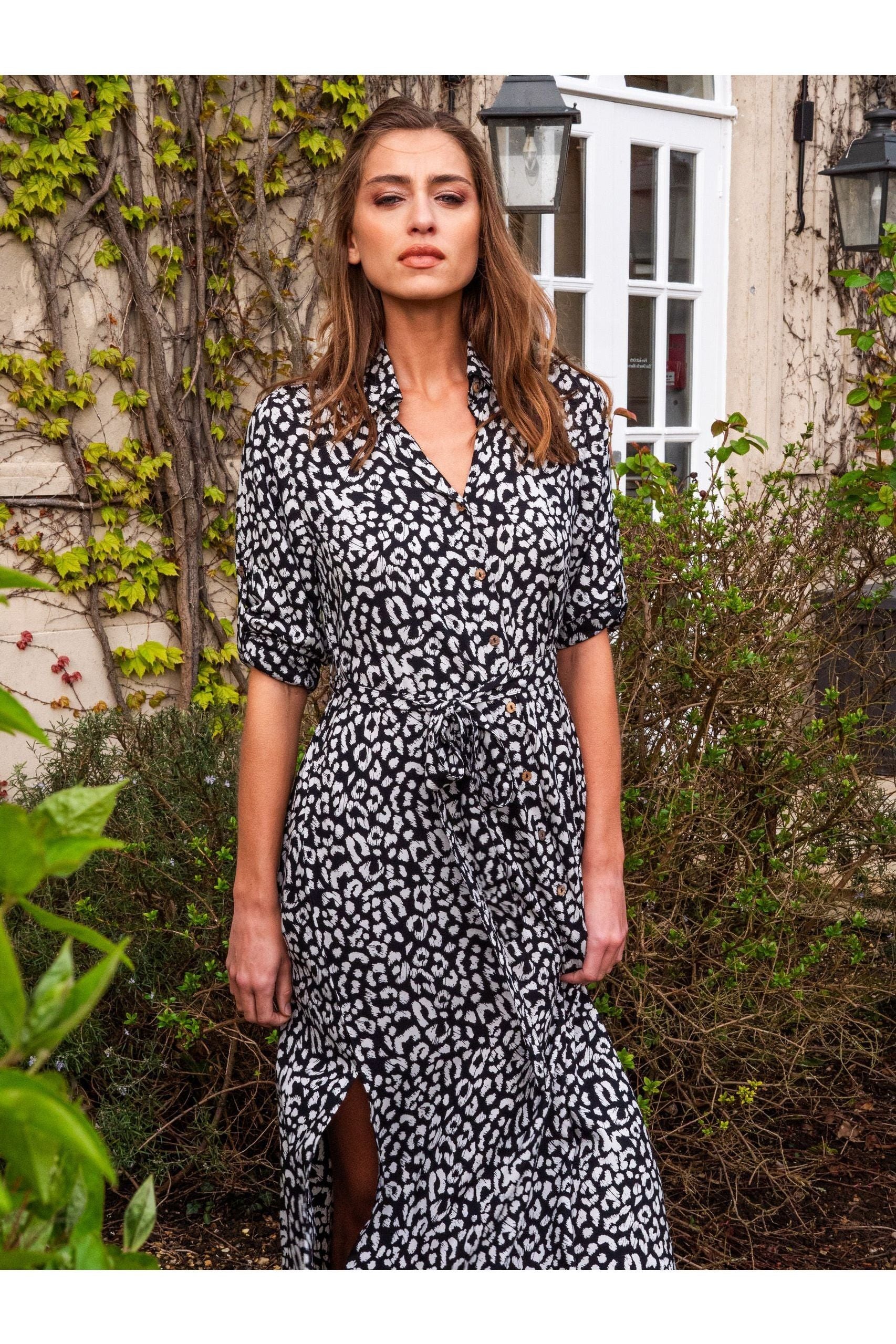 Floral Print Button Through Shirt Dress Leopard Print Button