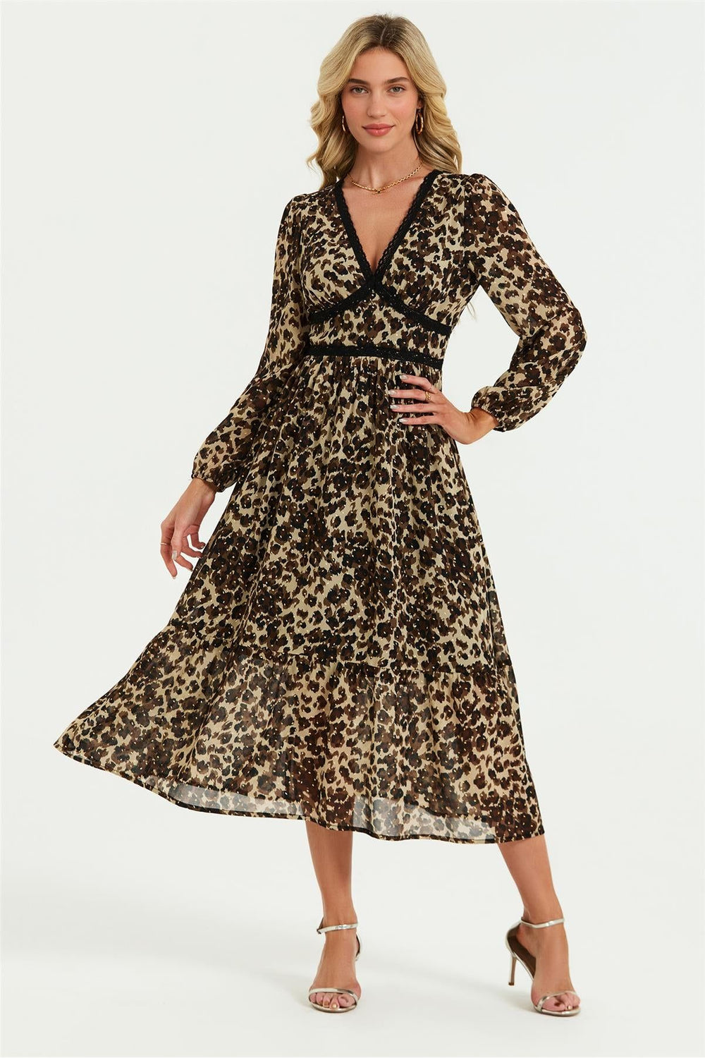 Leopard Print Foil Lace Trim Long Sleeve Maxi Dress In Brown by FS Collection