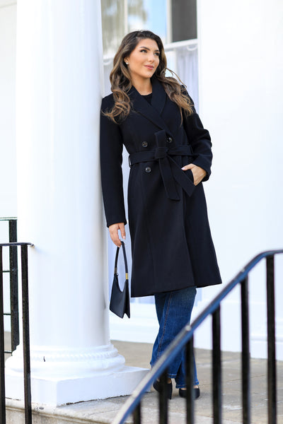 Black - Double Breasted Shawl Collar Coat by Double Second