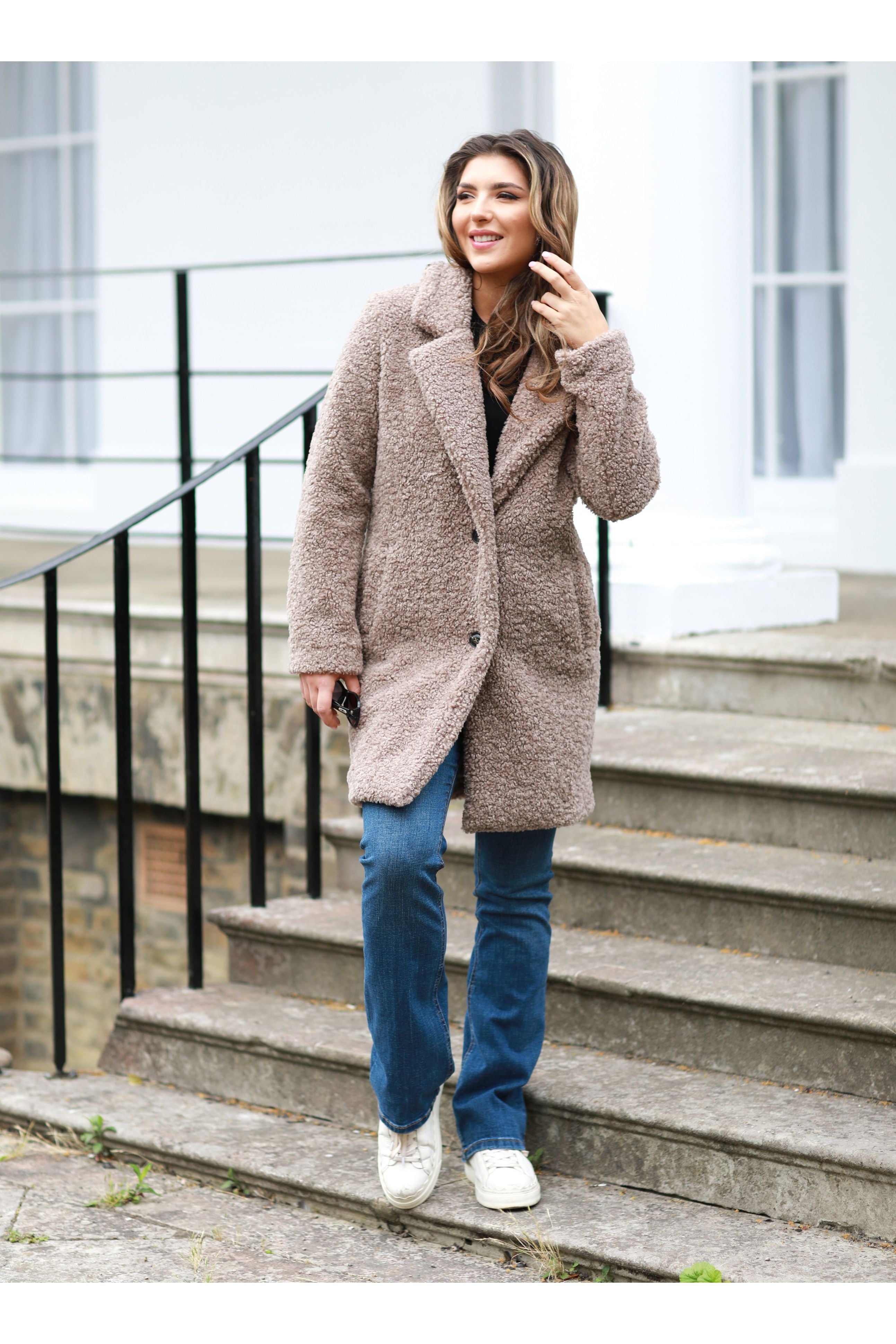 Taupe Teddy Bear Borg Coat Goddiva