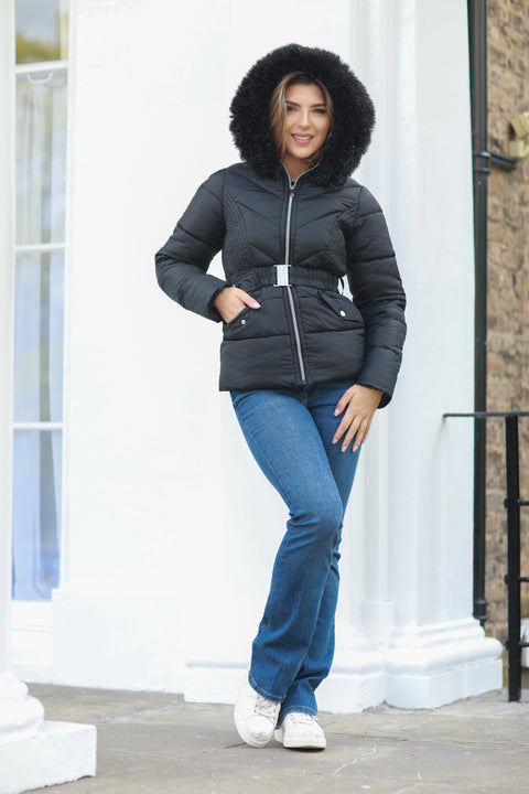 Black Padded Short Belted Puffer OU0000495