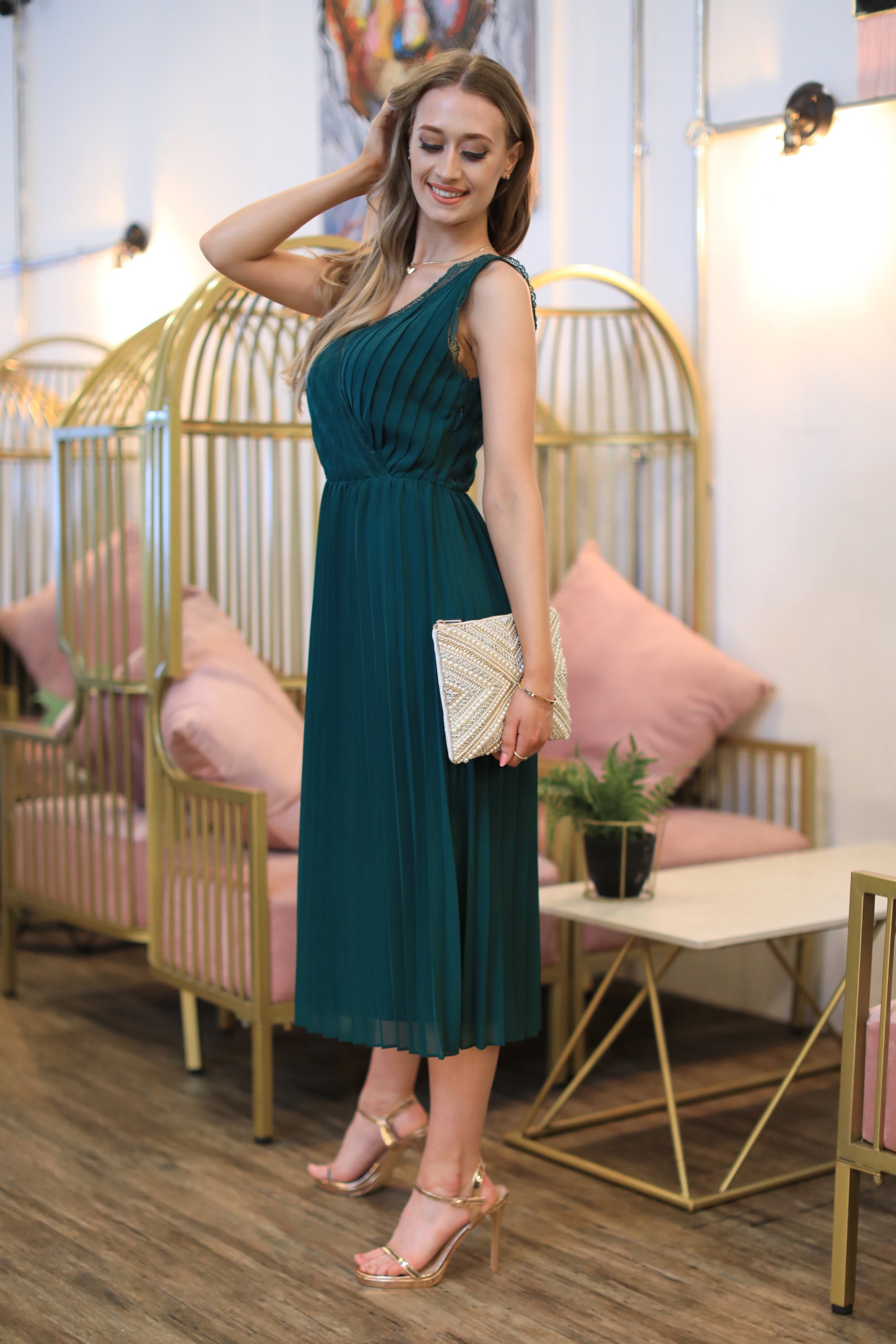 Dark Green Sleeveless Lace Trim Wrap Front Pleated Chiffon Midi Dress DR0000428