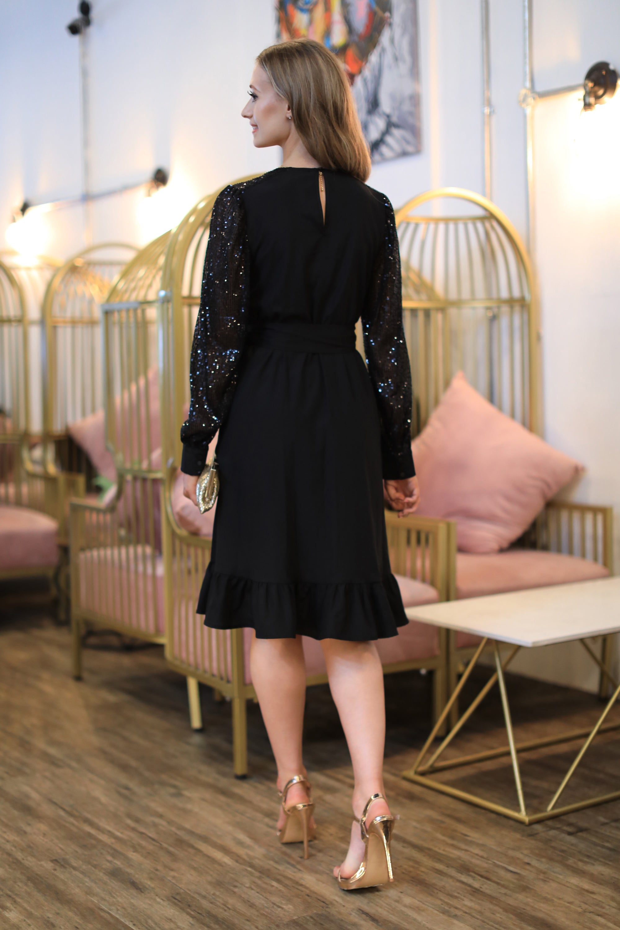 Black Wrap Dress With Sequin Sleeves DR0000210