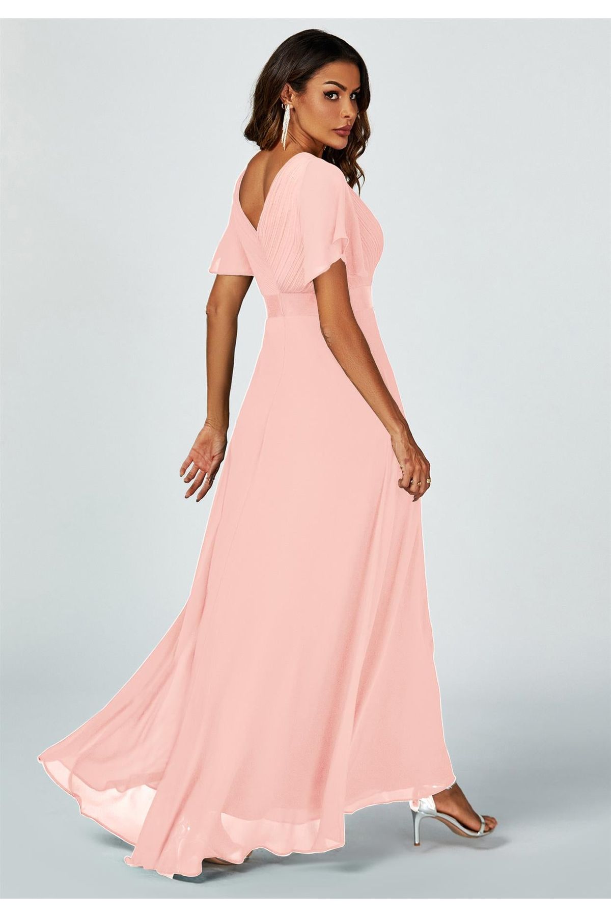 Angel Sleeves Empire Waist Bridesmaid Dress In Pink FS634