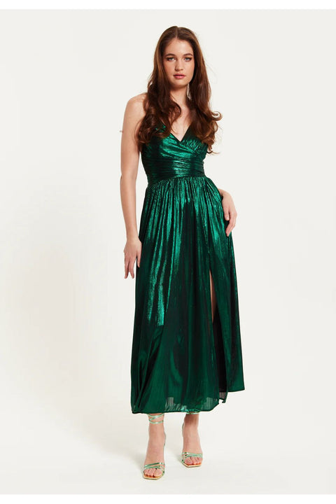 Strapless Green Foil Printed Jersey Maxi Dress by Liquorish