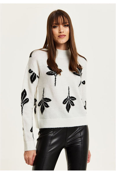White - Leaf Pattern High Neck Jumper by Liquorish