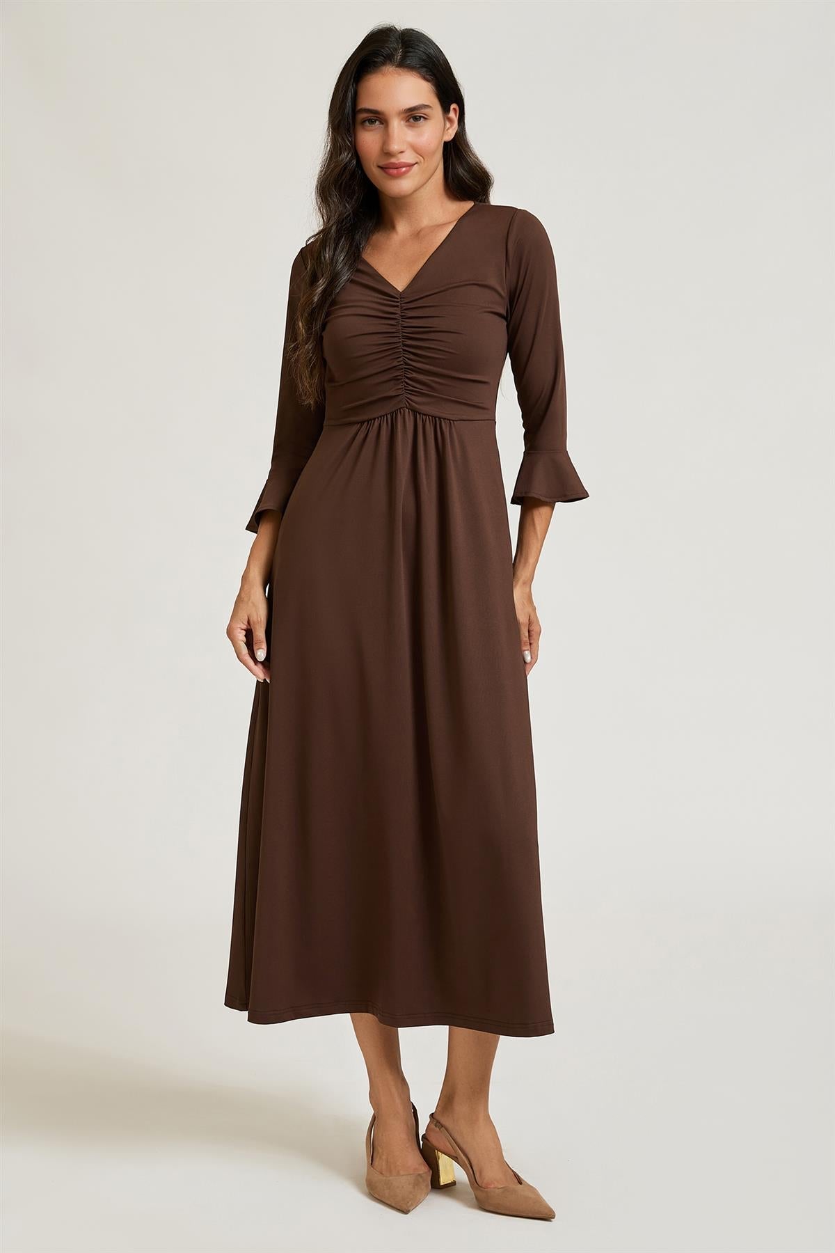 Fluted Sleeves Ruched Jersey Midi Dress In Brown FS992