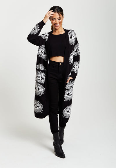 Black - Longline Black Cardigan With Eye Pattern by Liquorish