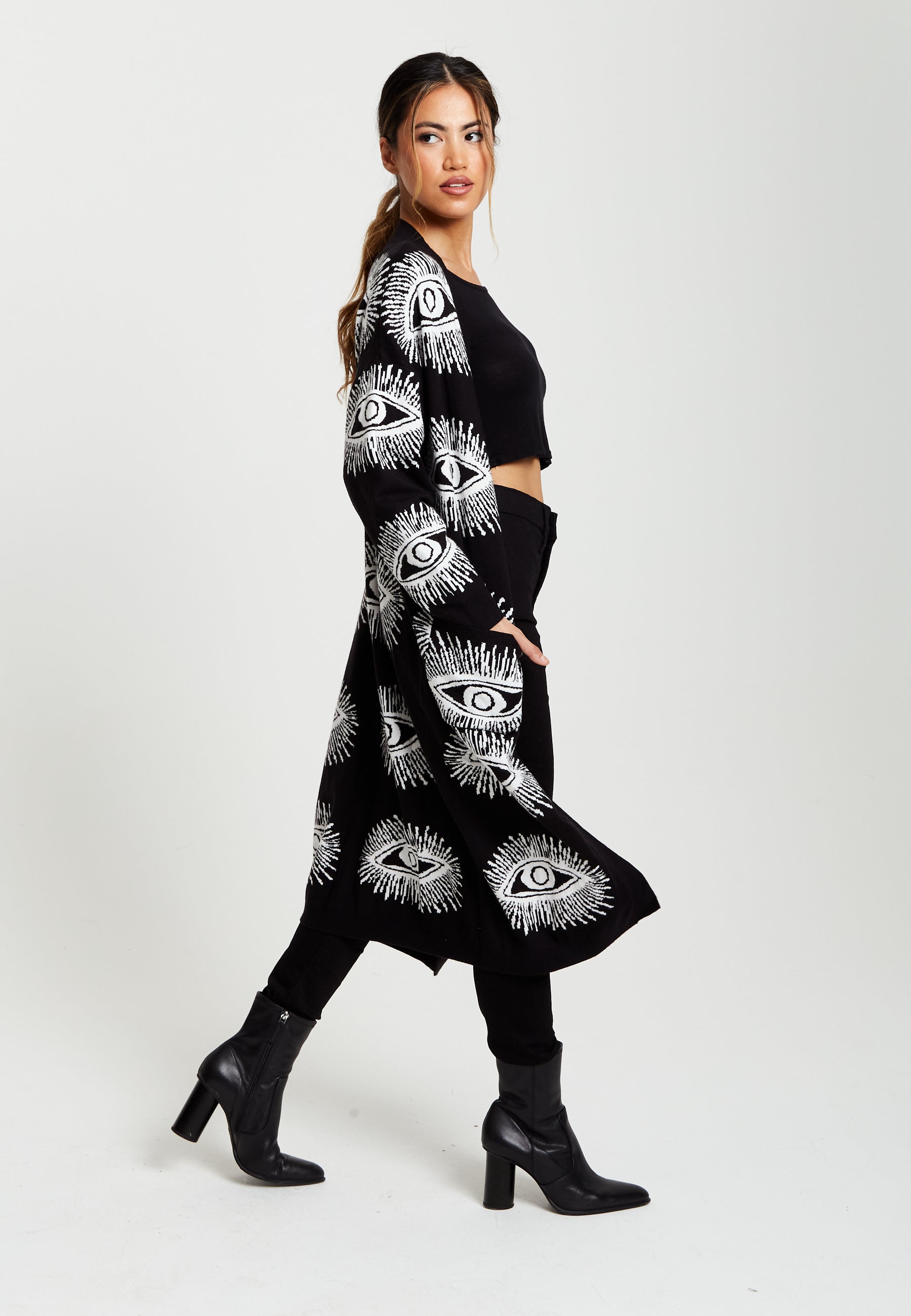 Longline Black Cardigan With Eye Pattern A7-126-LIQ23KN001